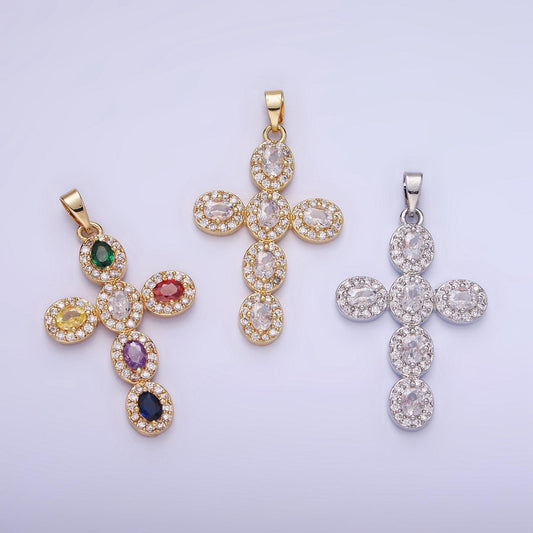 14k gold filled clear, multicolor micro paved oval cross pendant in gold & silver | aa-1166 aa-1167