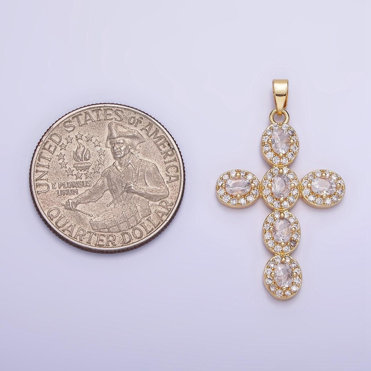 14k gold filled clear, multicolor micro paved oval cross pendant in gold & silver | aa-1166 aa-1167