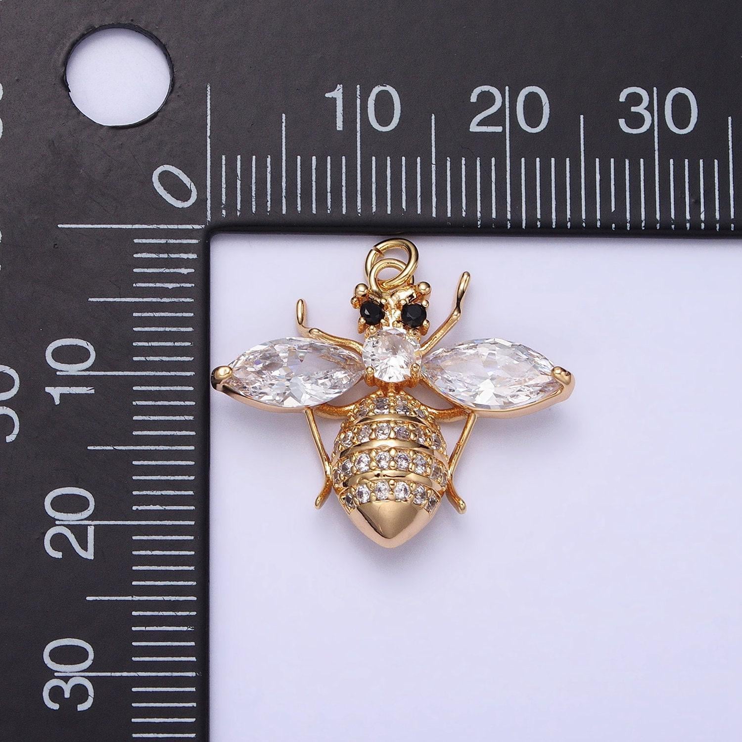 16k gold filled black-eyed bumble queen bee marquise micro paved cz charm in gold & silver fly insect | ac1231 ac1232