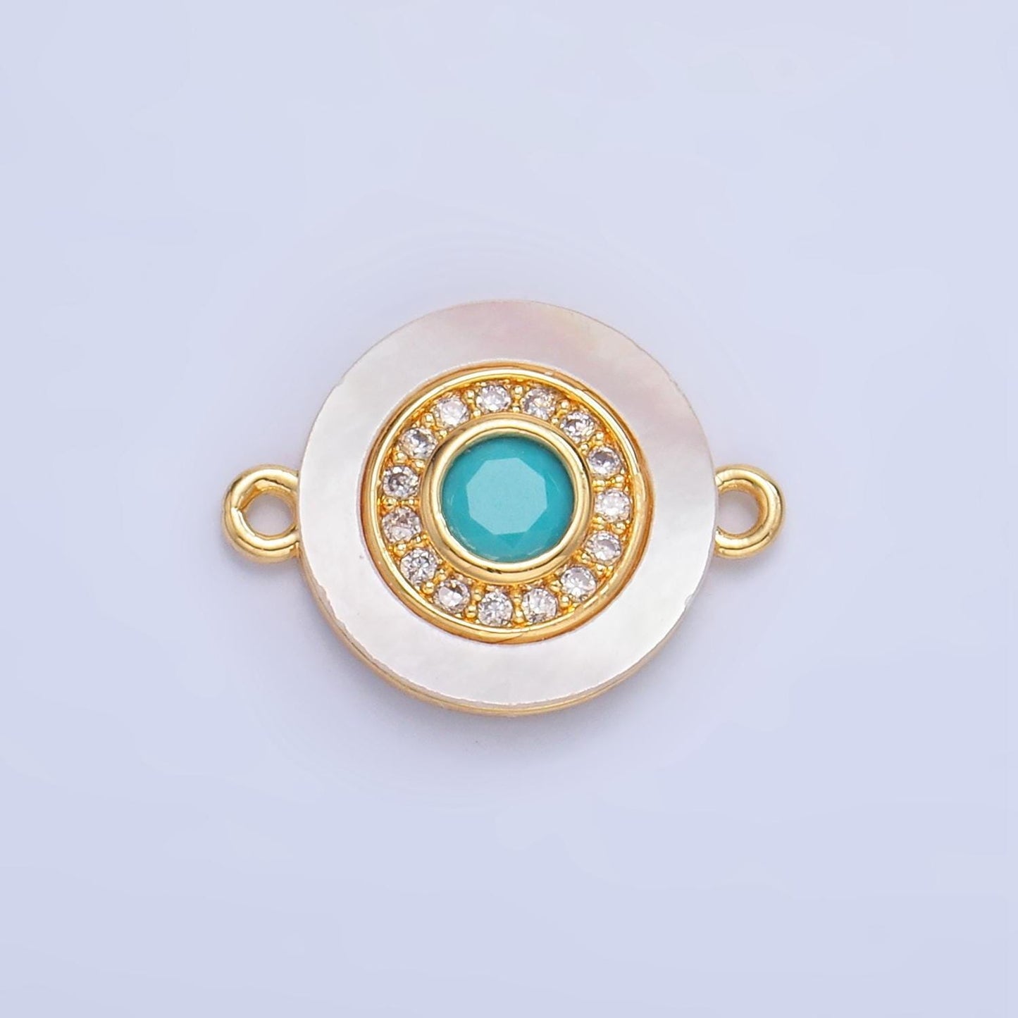 Colorful cz evil eye freshwater pearl gold bezel charm connector, evil eye round shaped gold filled double bail link connector | f823