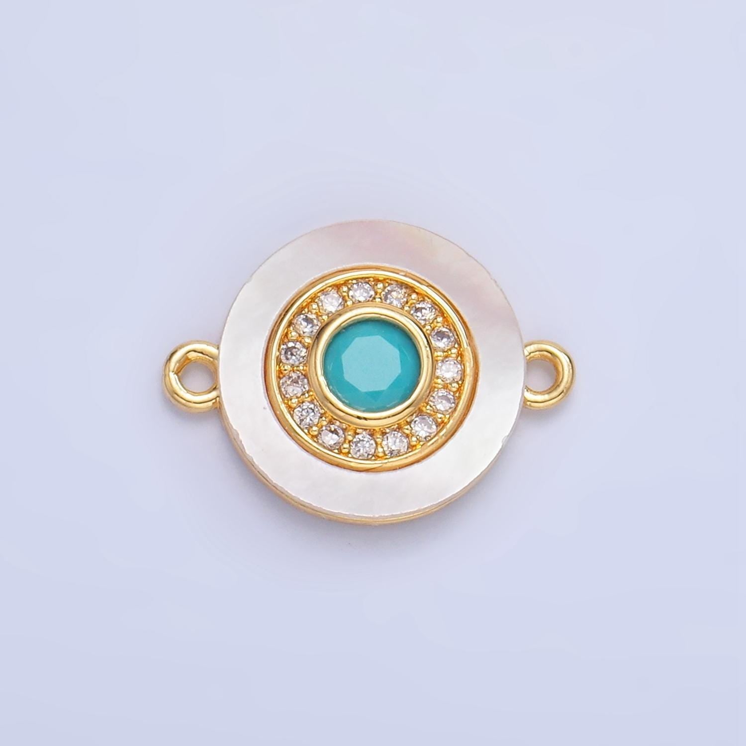 Colorful cz evil eye freshwater pearl gold bezel charm connector, evil eye round shaped gold filled double bail link connector | f823