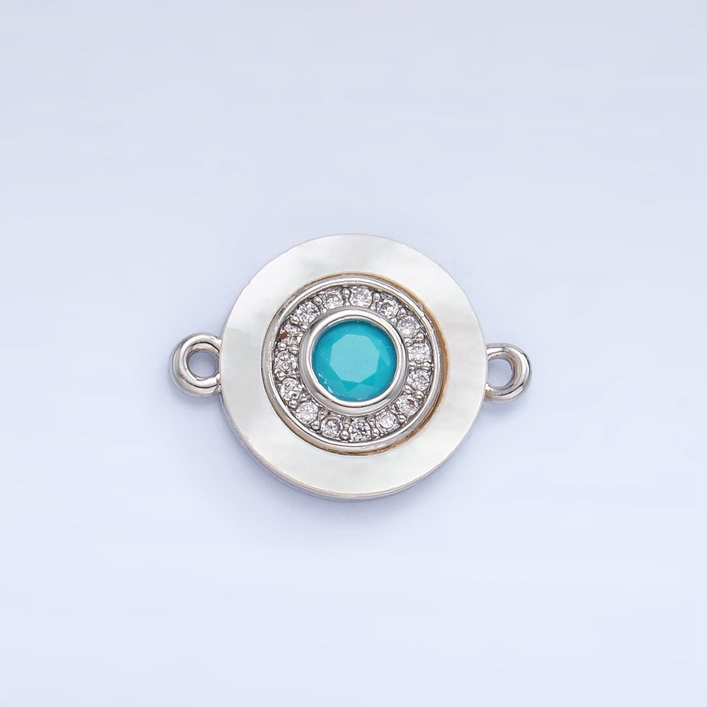 Colorful cz evil eye freshwater pearl gold bezel charm connector, evil eye round shaped gold filled double bail link connector | f823