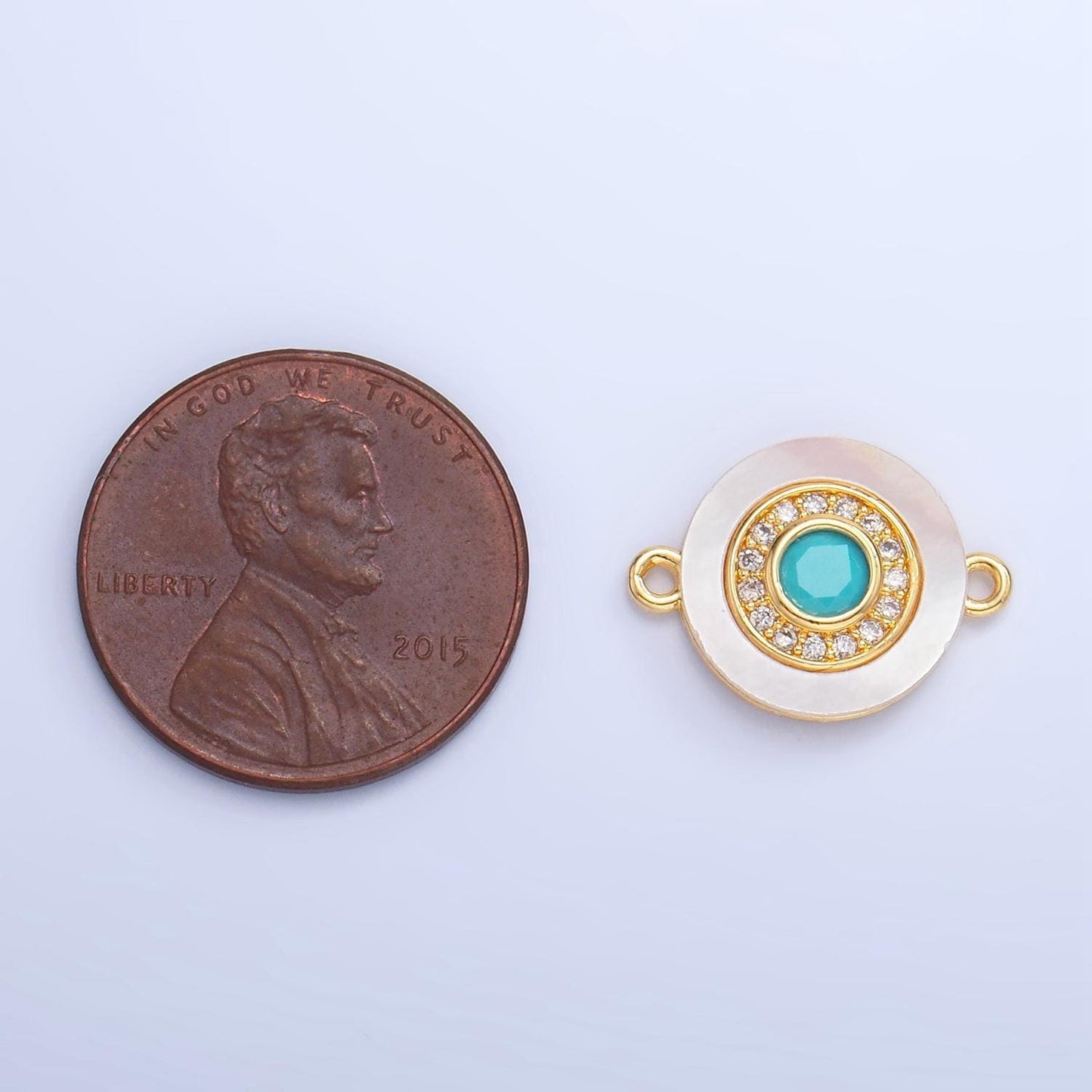 Colorful cz evil eye freshwater pearl gold bezel charm connector, evil eye round shaped gold filled double bail link connector | f823