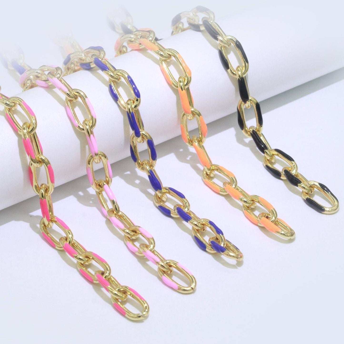Gold multi color enamel rolo cable paperclip chain by yard, link cable thick elongate chain, wholesale bulk roll chain jewelry 517- 521