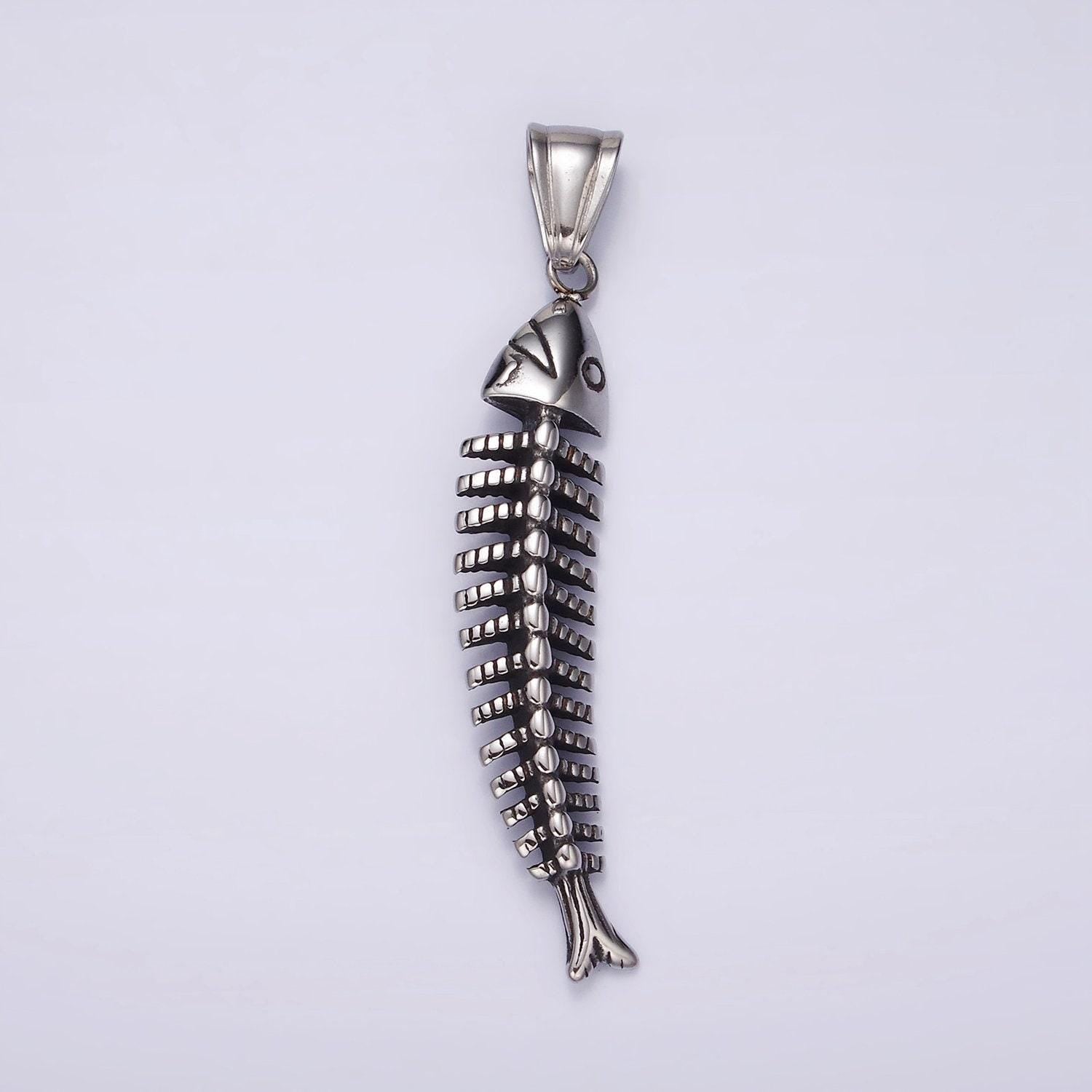 Stainless steel 59mm ocean sea fish animal skeleton bone curved pendant | p1063