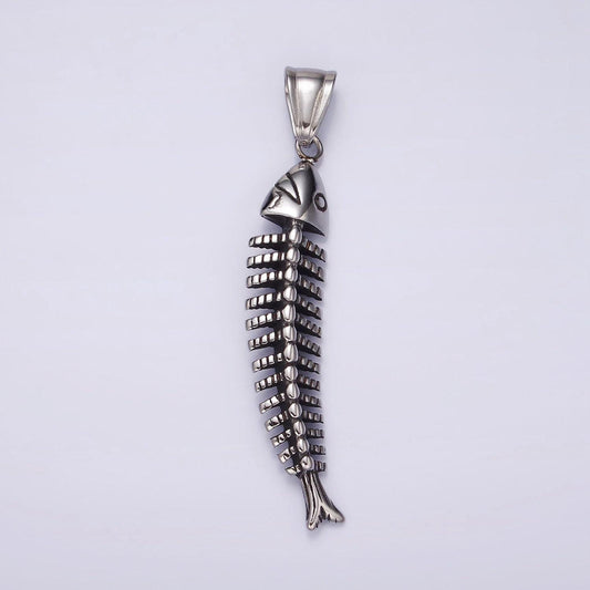 Stainless steel 59mm ocean sea fish animal skeleton bone curved pendant | p1063
