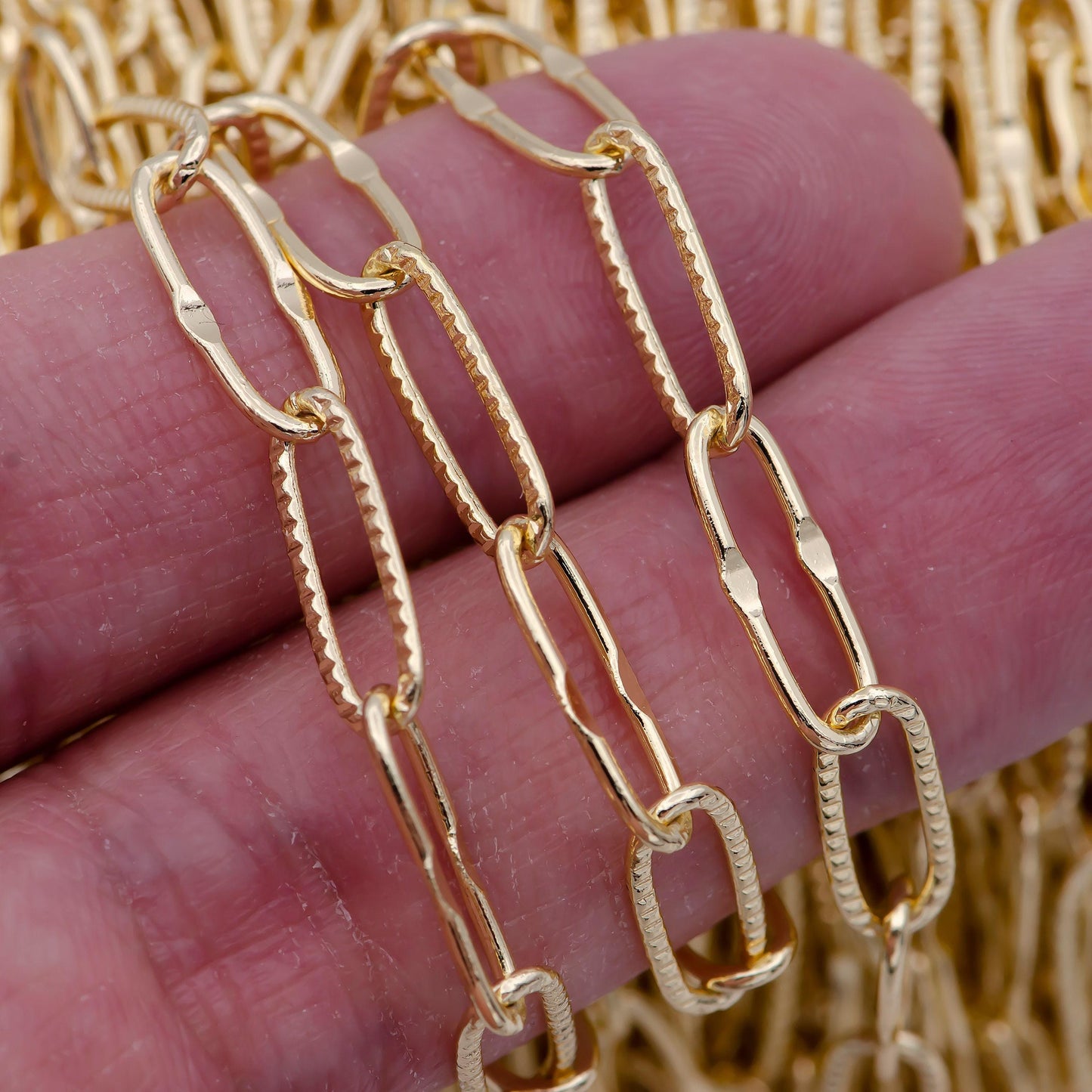 14k gold filled unfinished sunburst & textured paper clip unique chain, wholesale bulk sale roll chain by yard | roll-712
