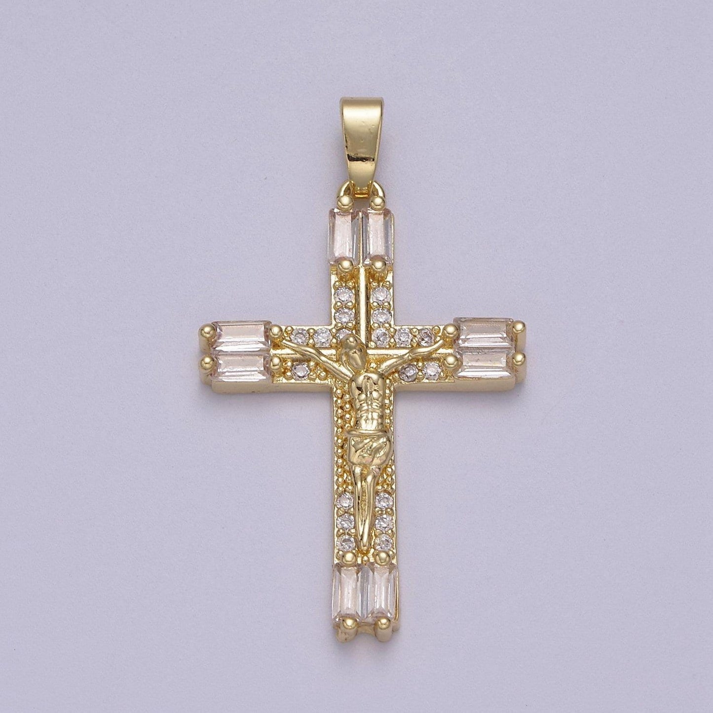 Dainty baguette cz crystal crucifix jesus pendant 14k gold filled micro pave | diy charm necklace bracelet earring | n-595