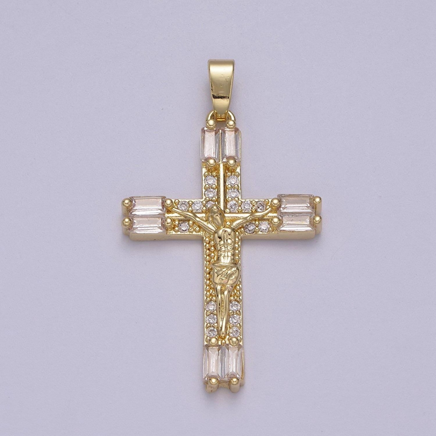 Dainty baguette cz crystal crucifix jesus pendant 14k gold filled micro pave | diy charm necklace bracelet earring | n-595