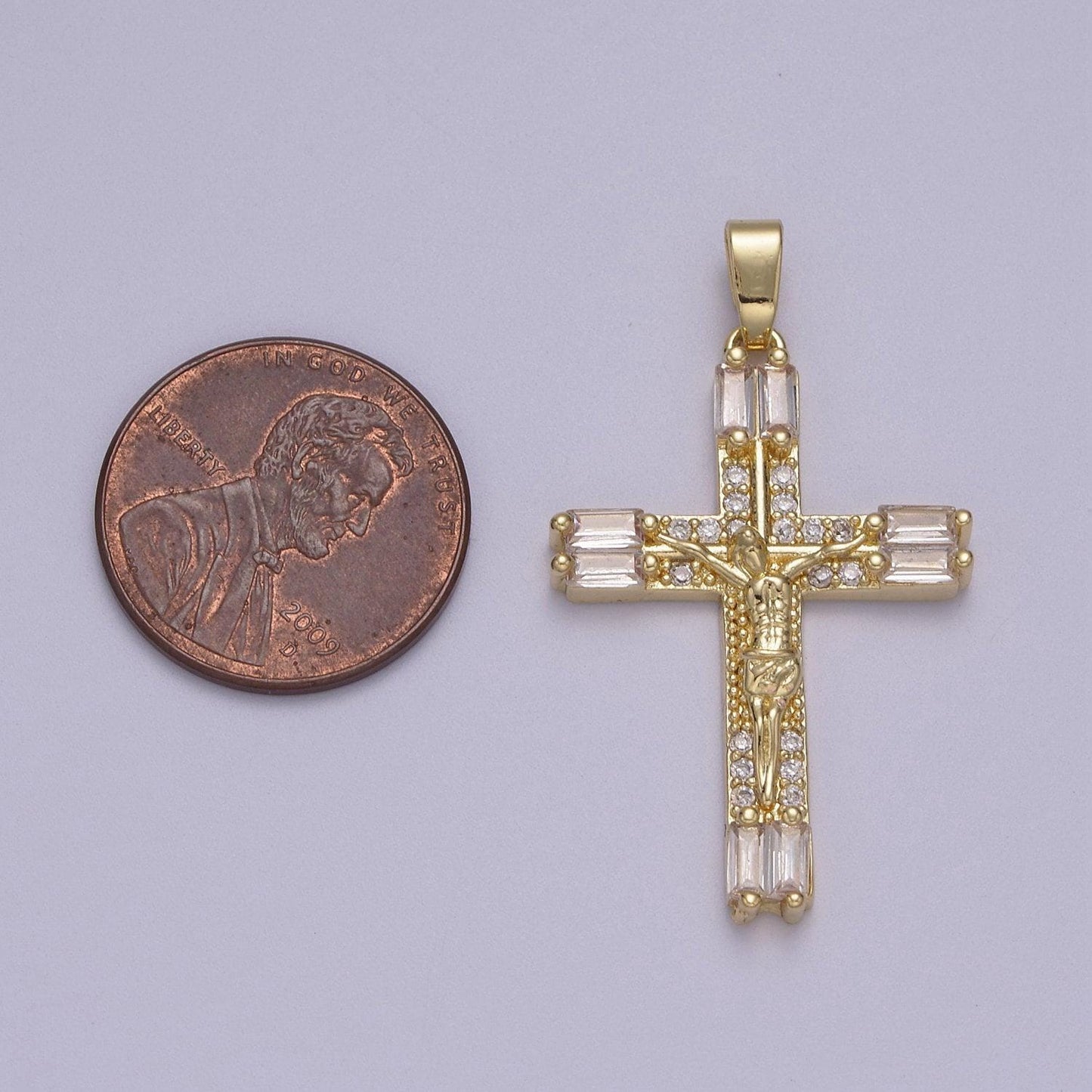 Dainty baguette cz crystal crucifix jesus pendant 14k gold filled micro pave | diy charm necklace bracelet earring | n-595