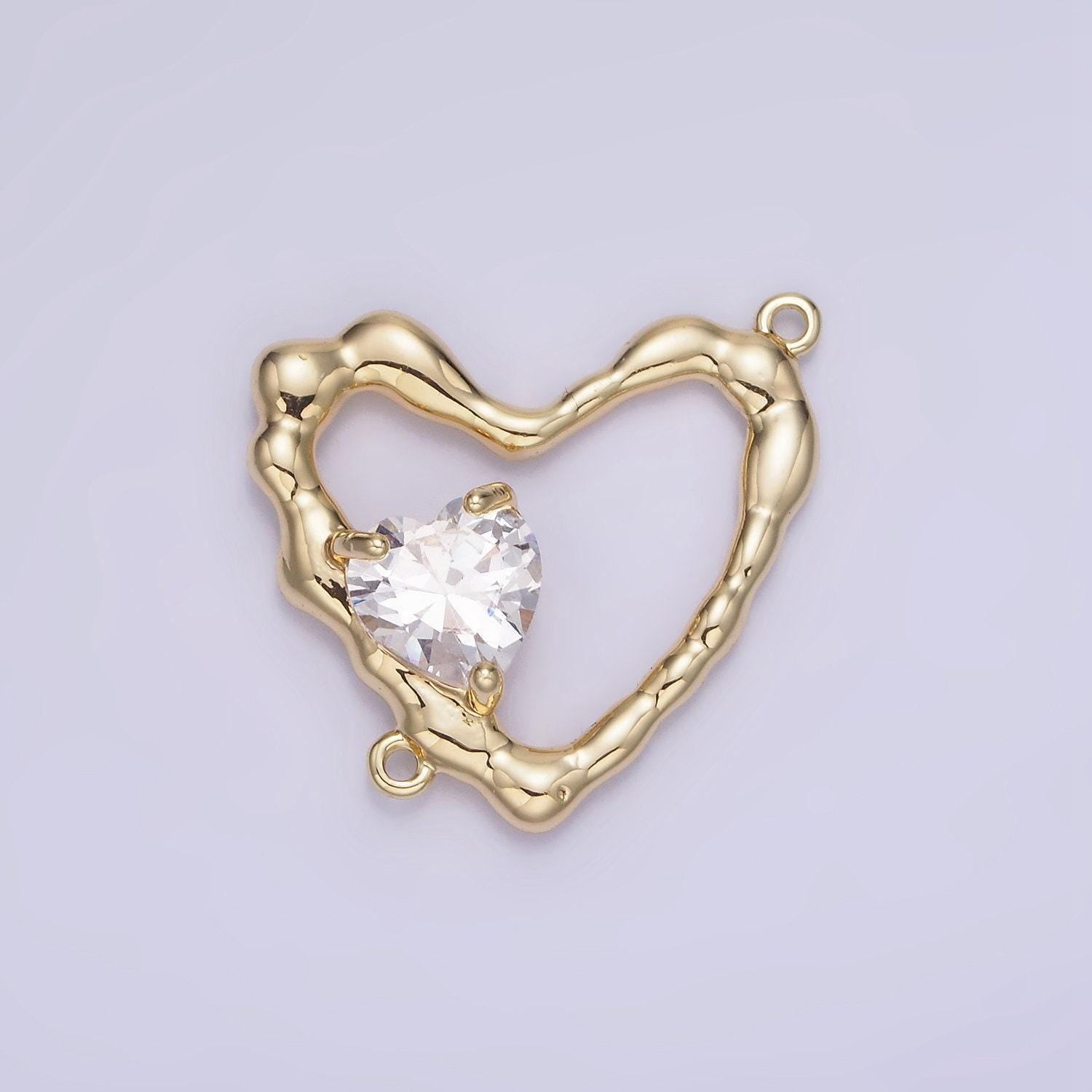 14k gold filled open heart charm with pink clear micro paved cz charm connector | g288