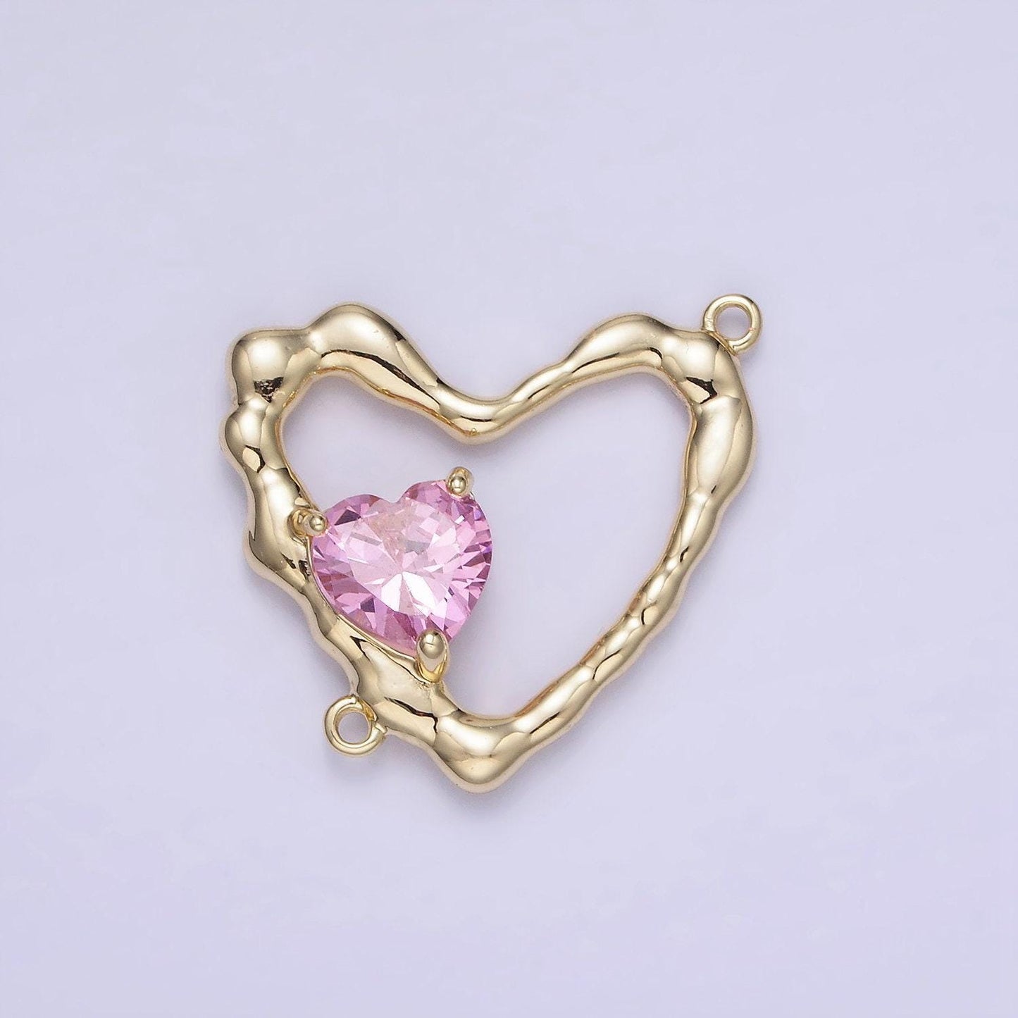 14k gold filled open heart charm with pink clear micro paved cz charm connector | g288