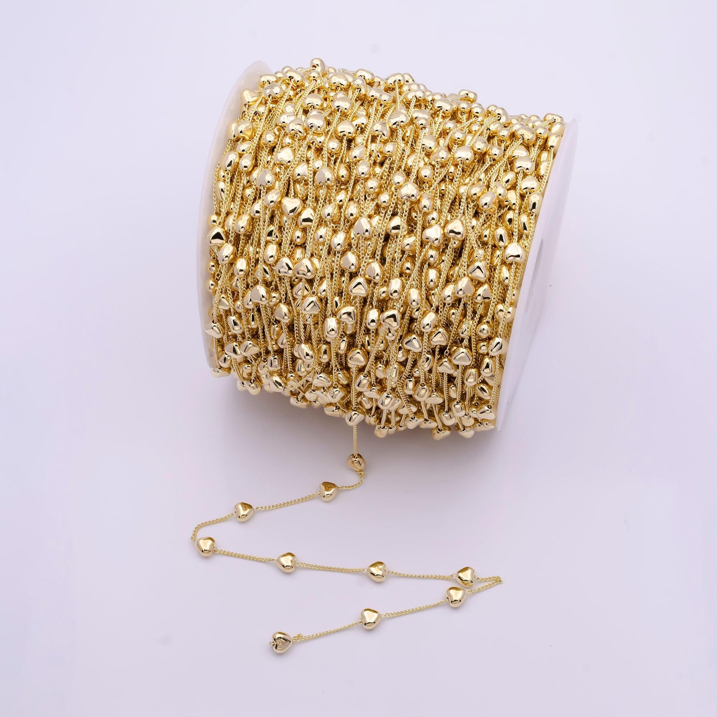 24k gold unfinished dainty love heart satellite chain by yard, wholesale bulk gold beaded curb roll chain for jewelry making | roll-827