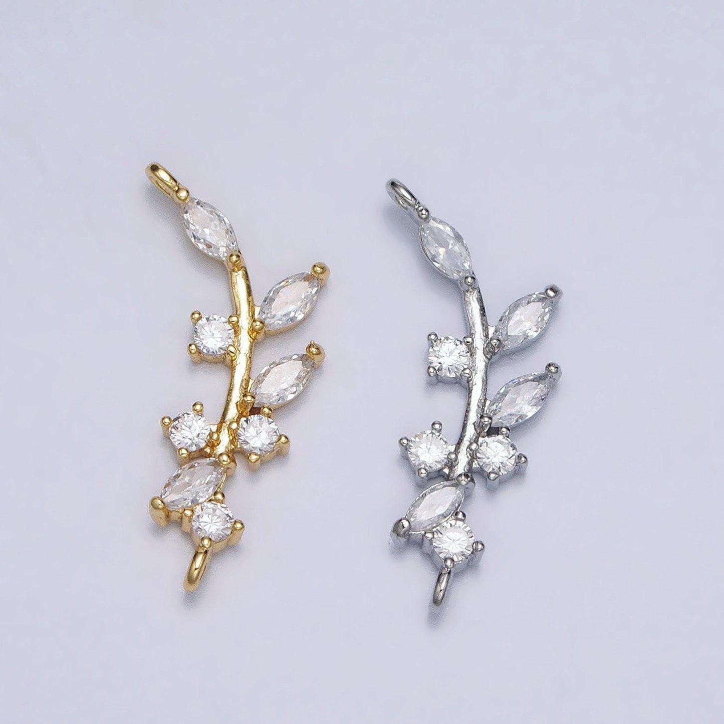 18k gold filled nature olive leaf marquise cz curved connector in gold & silver | y-844