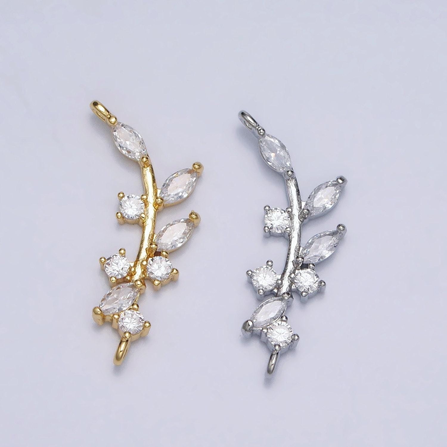 18k gold filled nature olive leaf marquise cz curved connector in gold & silver | y-844