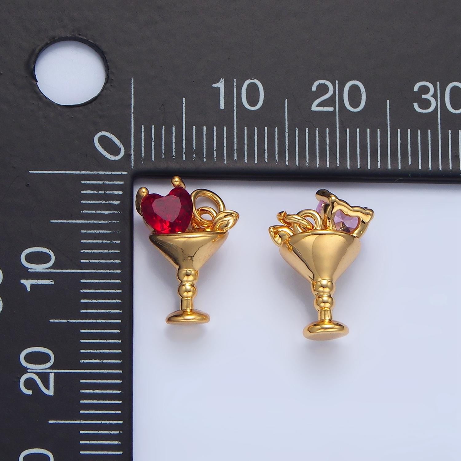 Red, pink, clear, purple cz heart alcoholic martini drink 24k gold filled charm | x-846 - x-847