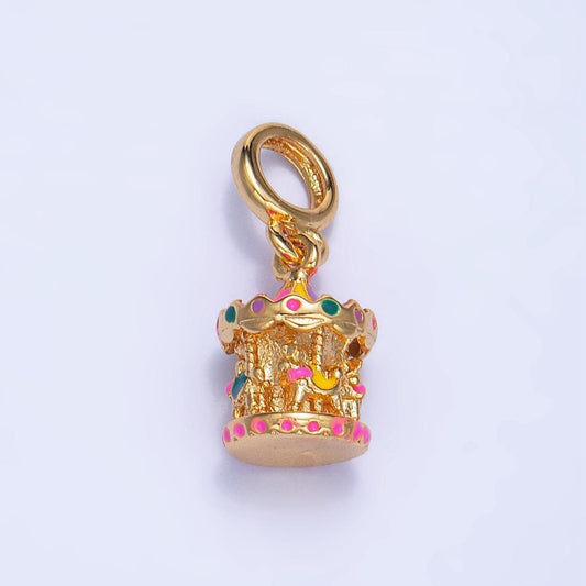Enamel carnival merry go round carousel 24k gold filled multidimensional drop charm | ac-180