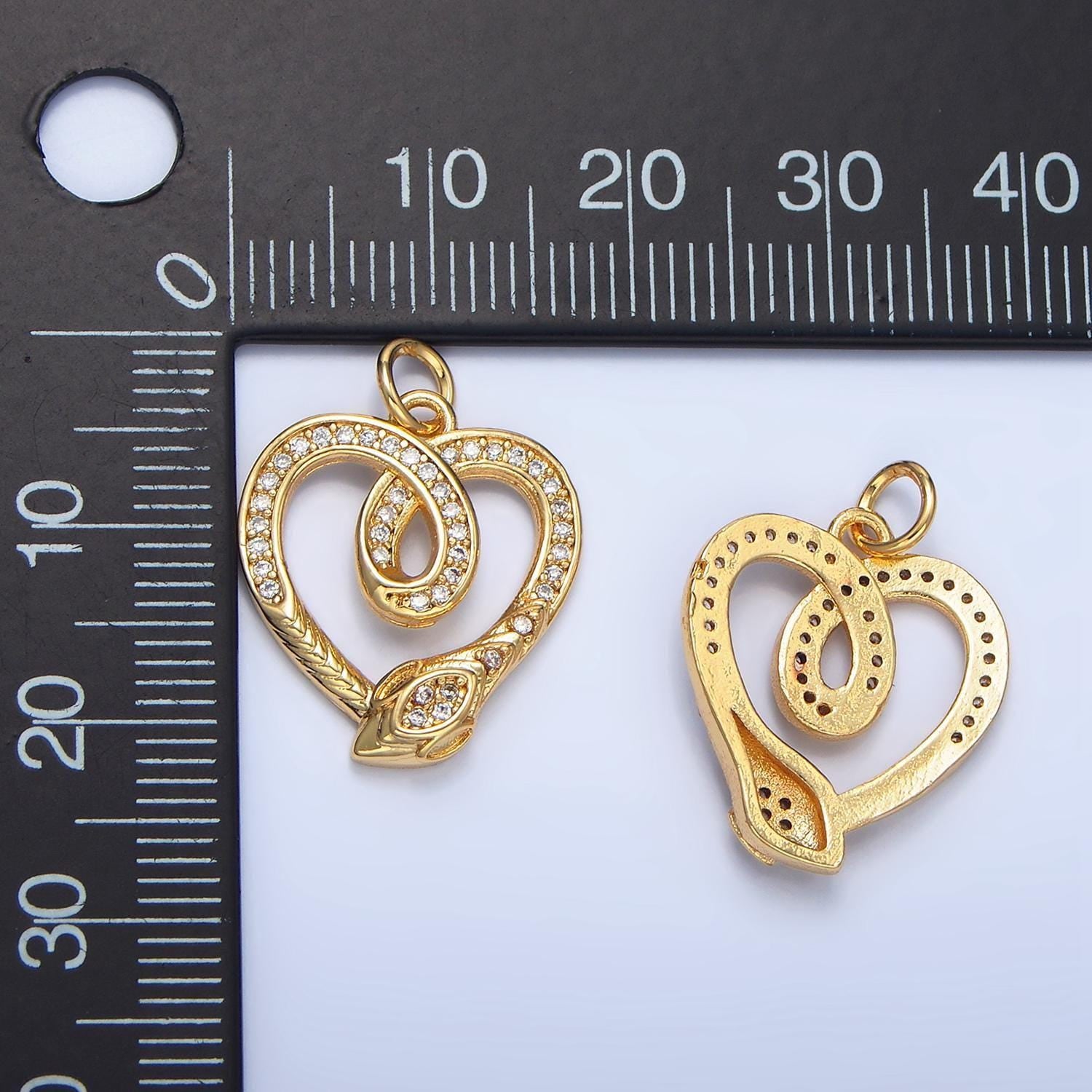 Cz micro paved open heart snake animal 24k gold filled charm | ac-178
