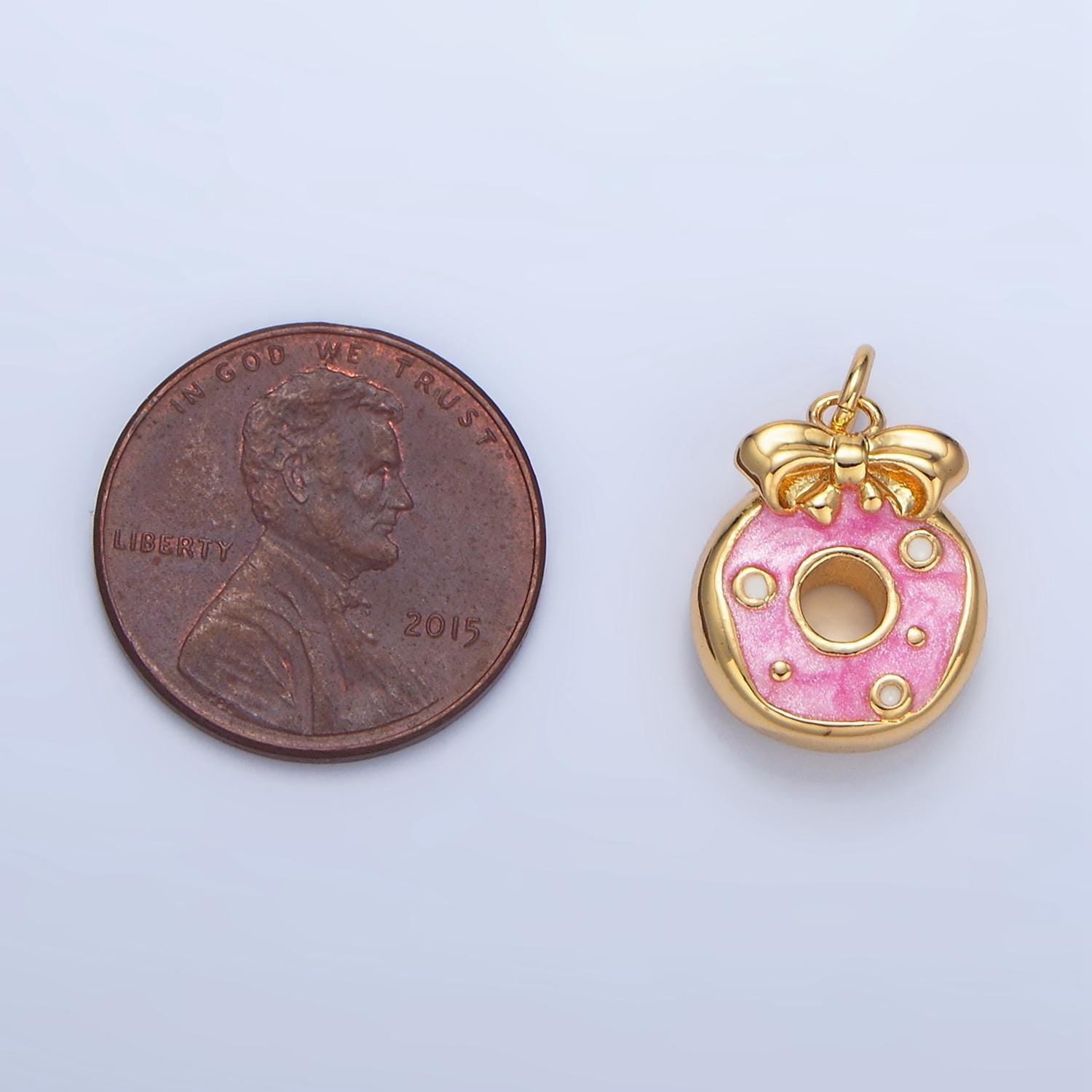 Pink enamel donut w/ ribbon 24k gold filled food charm | x-836
