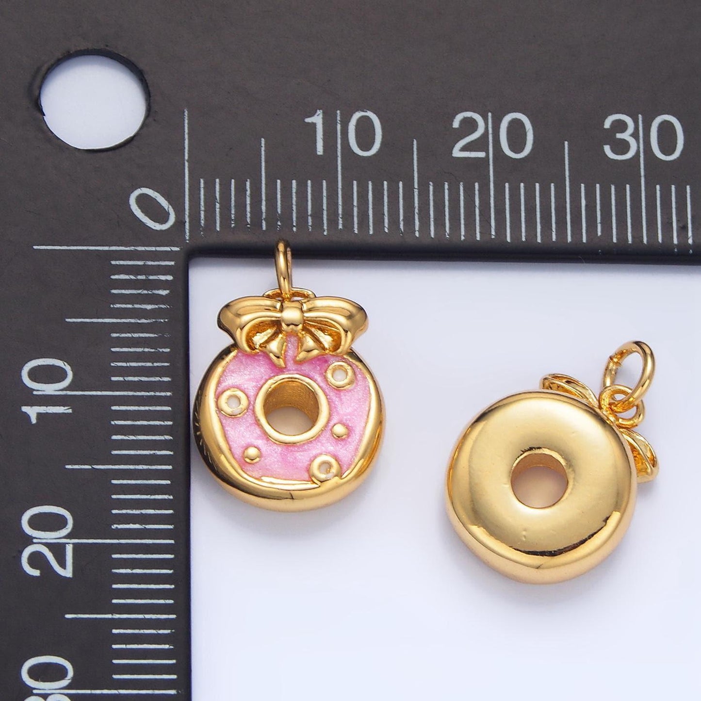 Pink enamel donut w/ ribbon 24k gold filled food charm | x-836