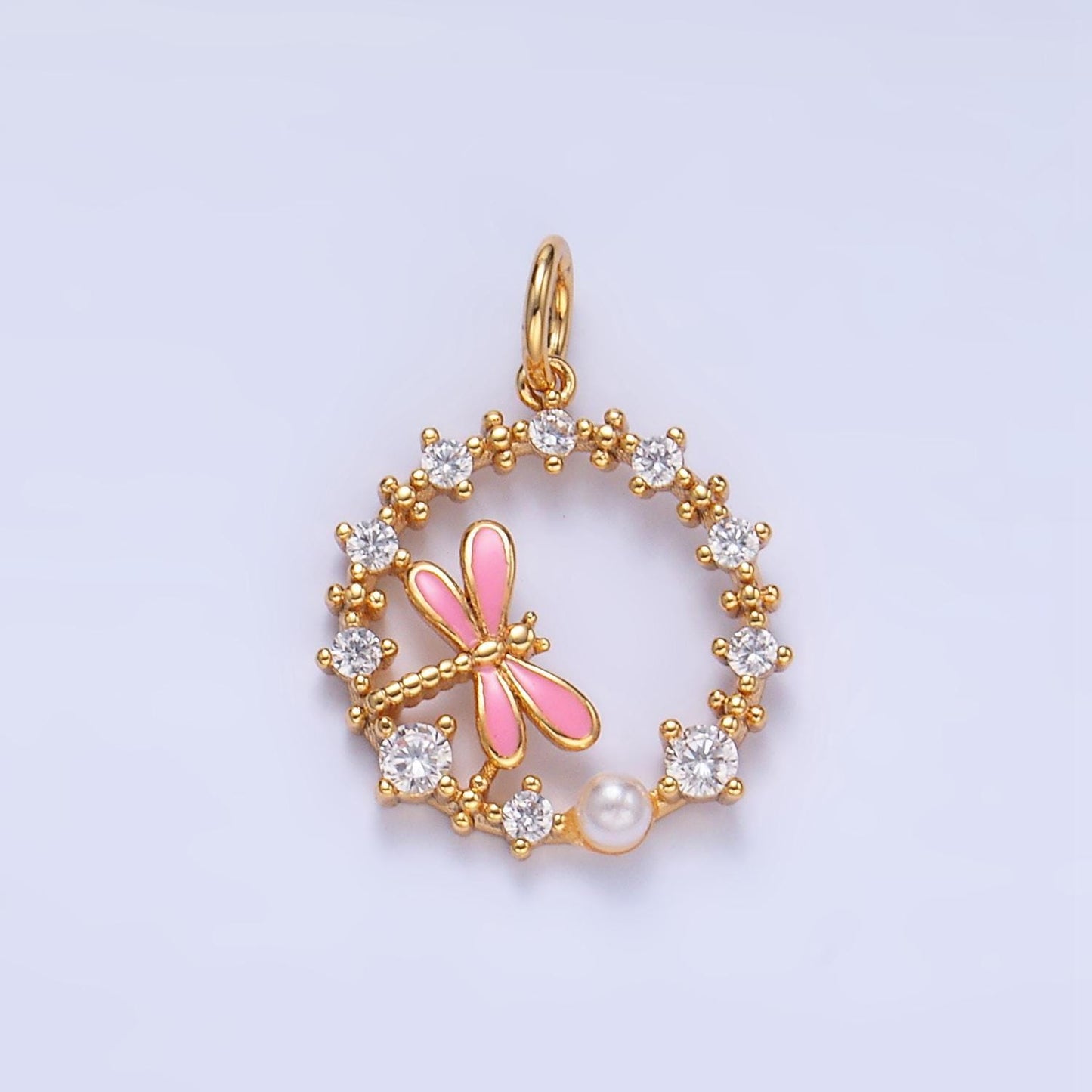 Cz micro paved pink enamel dragon fly insect 24k gold filled open circle charm | w-109