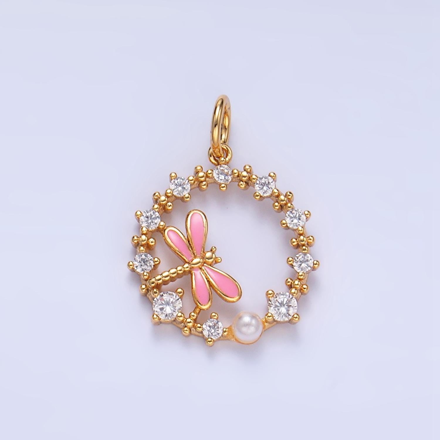 Cz micro paved pink enamel dragon fly insect 24k gold filled open circle charm | w-109