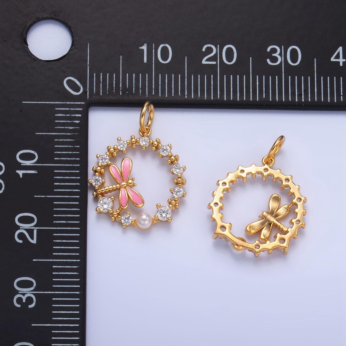 Cz micro paved pink enamel dragon fly insect 24k gold filled open circle charm | w-109