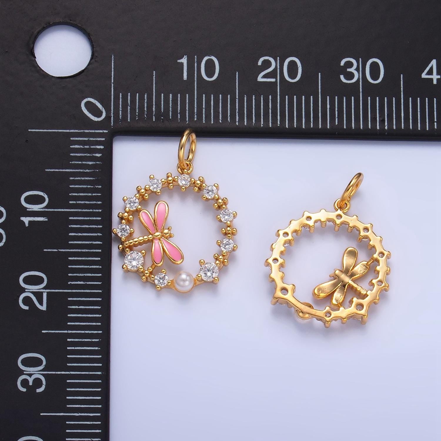 Cz micro paved pink enamel dragon fly insect 24k gold filled open circle charm | w-109