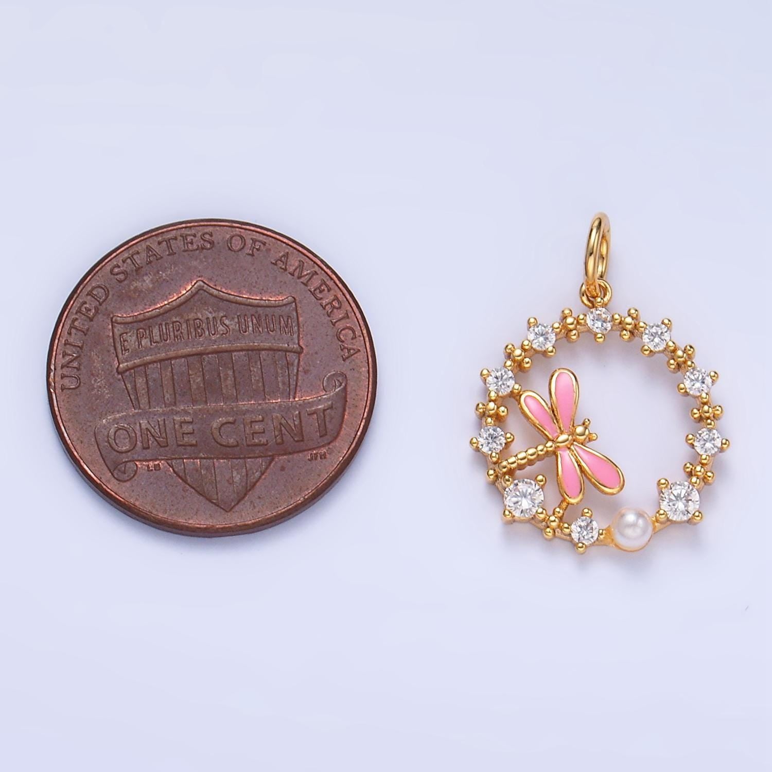 Cz micro paved pink enamel dragon fly insect 24k gold filled open circle charm | w-109