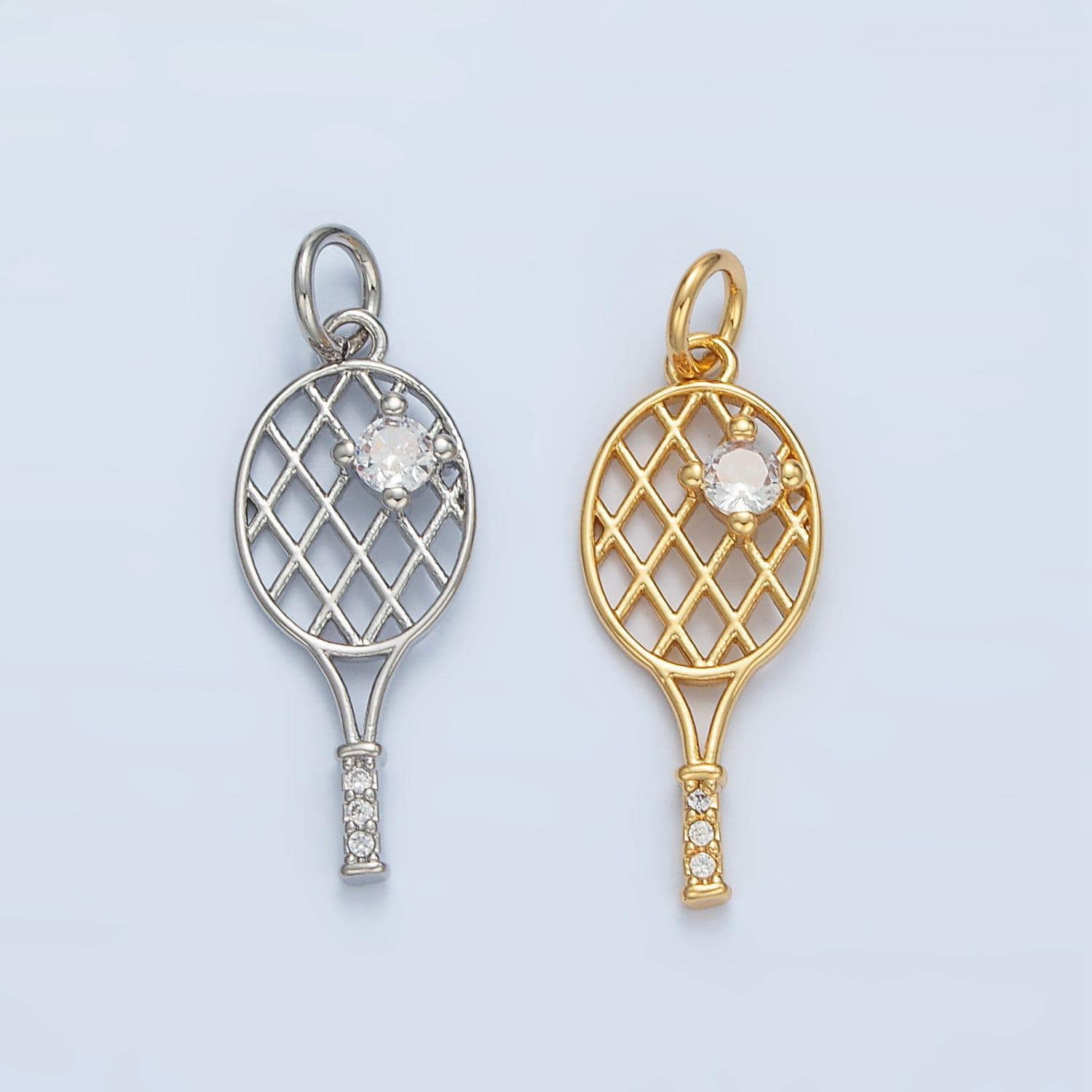 14k gold filled tennis racquet charm with cz for olympic sport jewelry inspired necklace bracelet component | d792