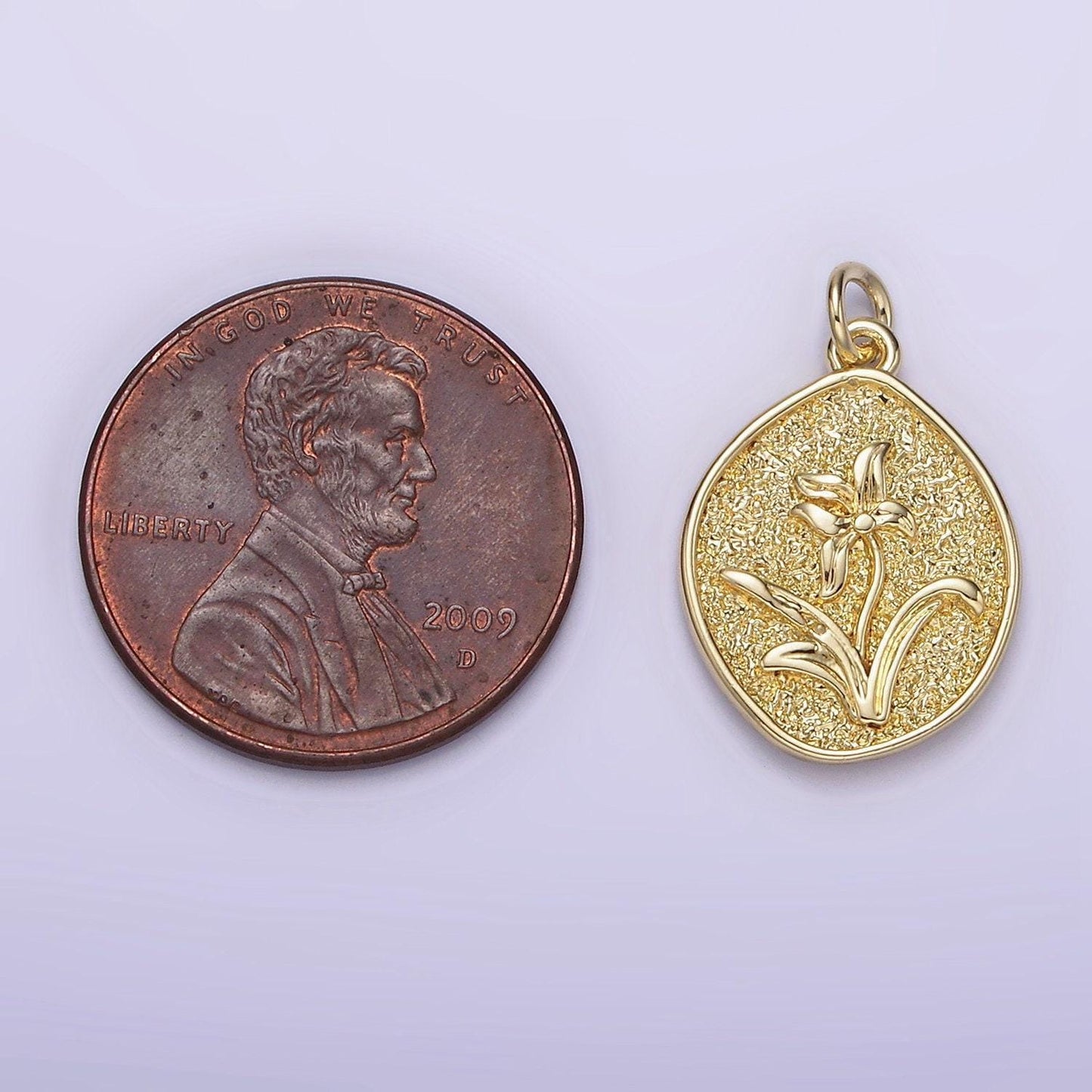 14k gold filled lily may birth flower hammered stamped personalized double sided charm | ag245