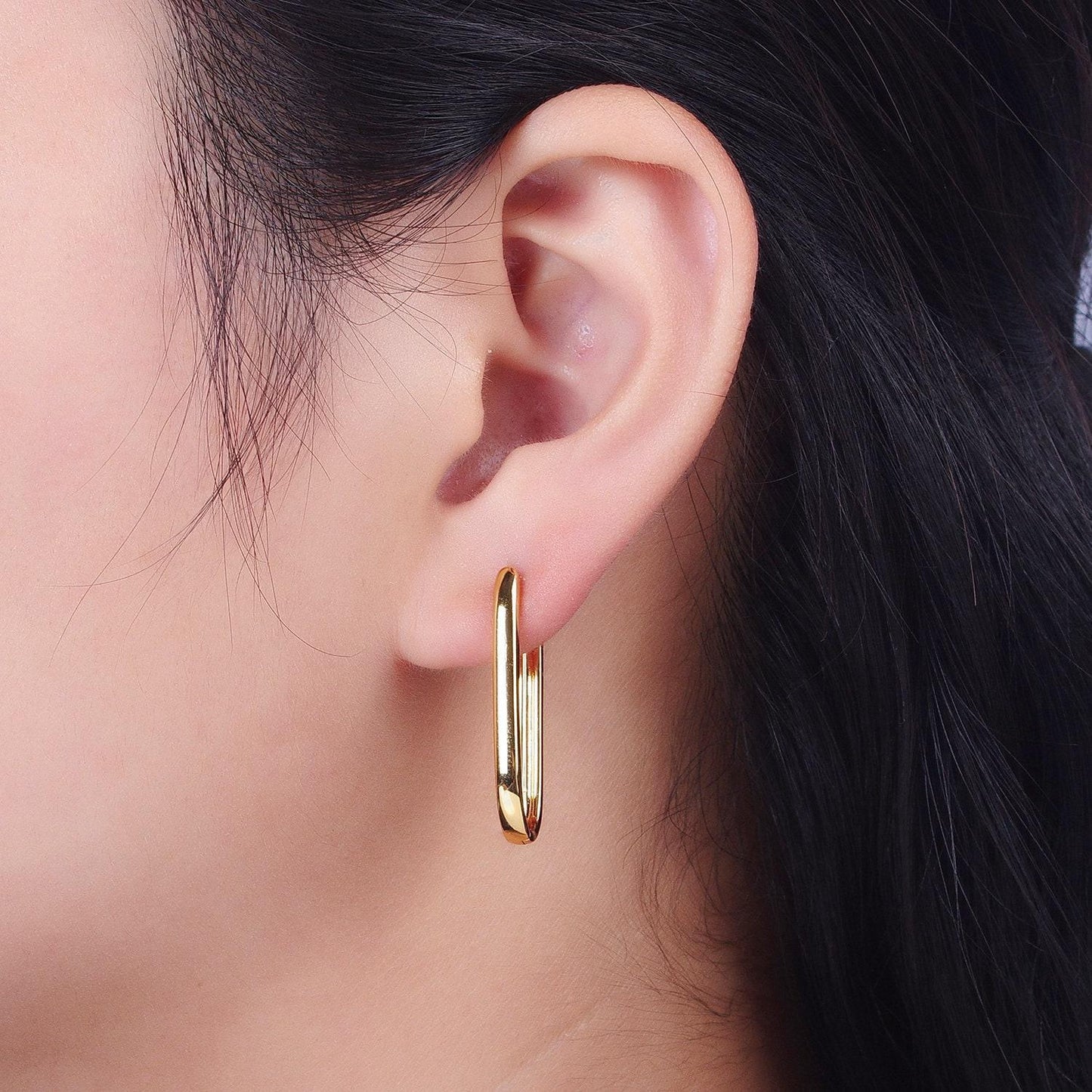Dainty gold filled oblong rectangle hoop earring, gold u shape huggie hoop earring lever back earring minimalist jewelry hypoallergenicad304
