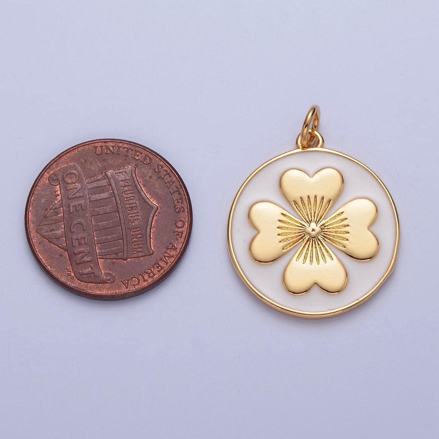 24k gold filled cute dainty four-leaf clover lucky medallion pendant, dainty coin clover charm pendant for necklace bracelet | w-286