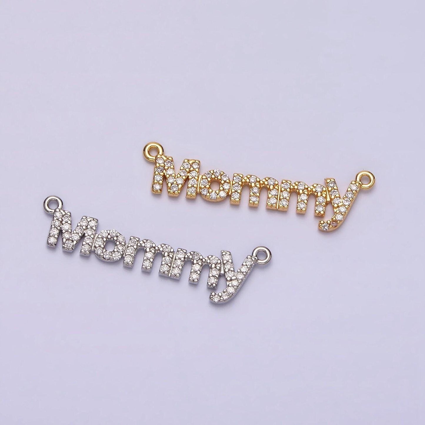 16k gold filled mommy script micro paved cz top loop connector in gold & silver mother day gift idea | y-919