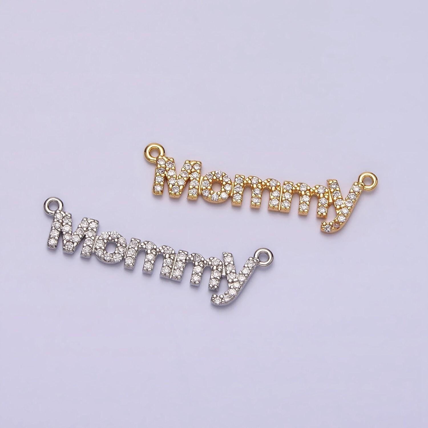16k gold filled mommy script micro paved cz top loop connector in gold & silver mother day gift idea | y-919
