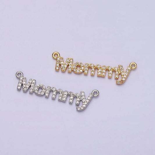 16k gold filled mommy script micro paved cz top loop connector in gold & silver mother day gift idea | y-919