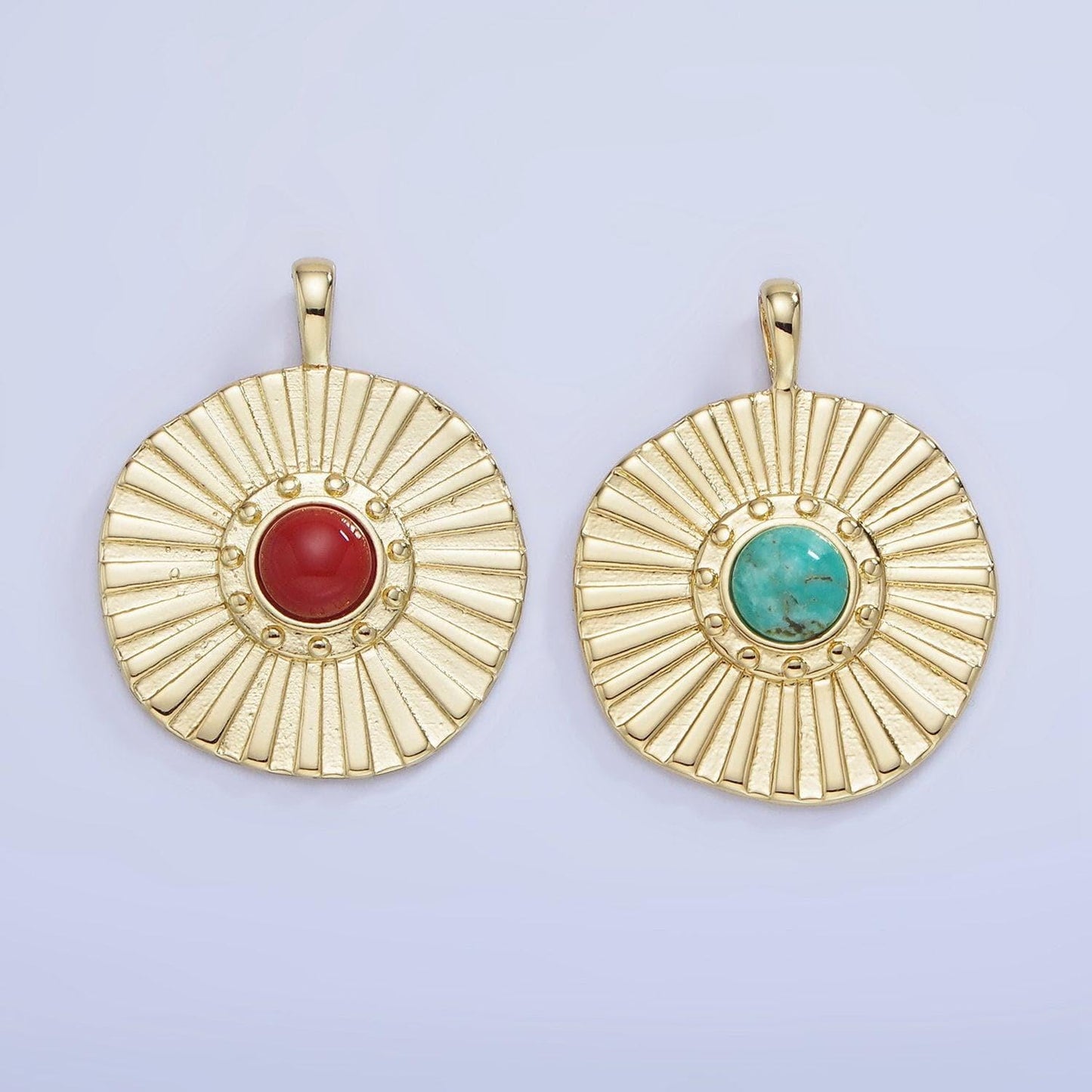 14k gold filled red carnelian round sunburst charm turquoise bead stone medallion charm necklace bracelet supply | aa-1256