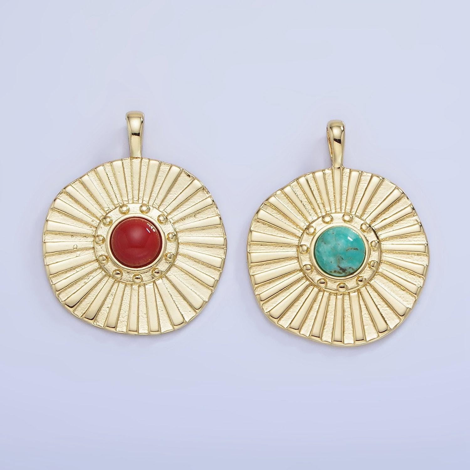 14k gold filled red carnelian round sunburst charm turquoise bead stone medallion charm necklace bracelet supply | aa-1256