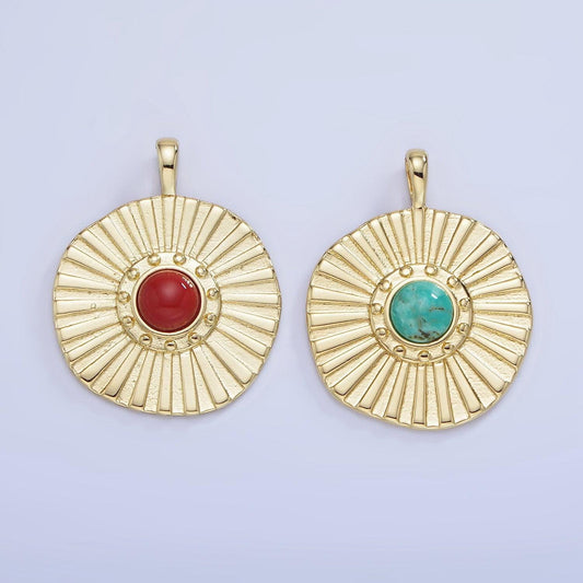 14k gold filled red carnelian round sunburst charm turquoise bead stone medallion charm necklace bracelet supply | aa-1256