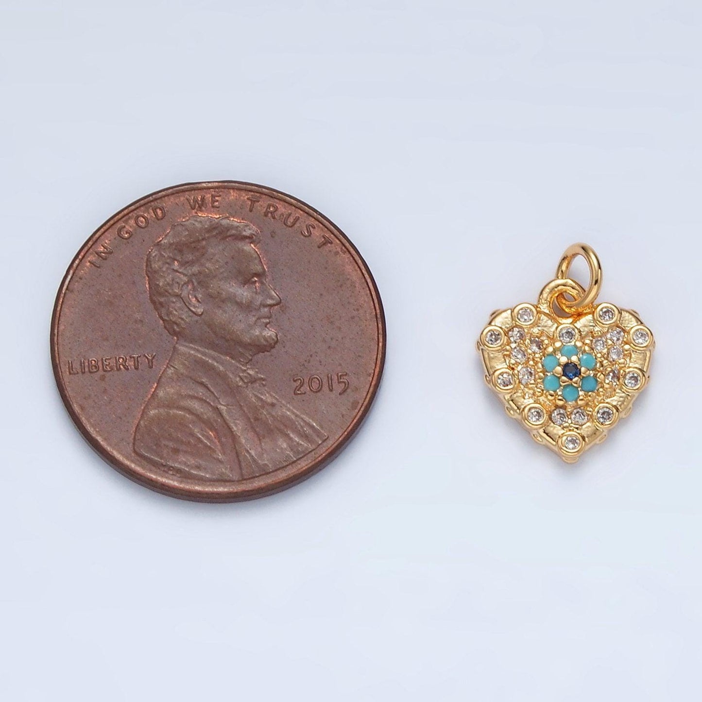 Mini 16k gold filled turquoise cz paved heart charm | ag-931