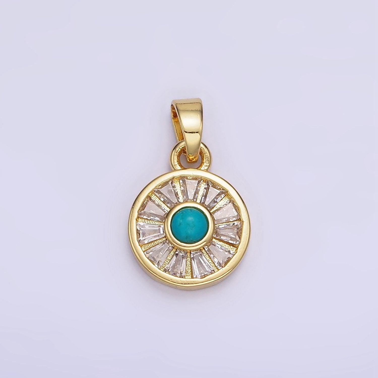 14k gold filled turquoise baguette cz lined round pendant | ah-163