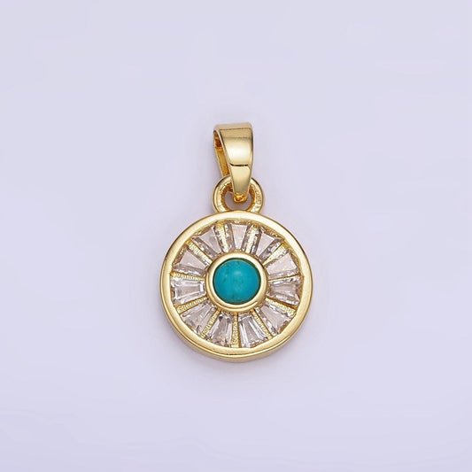 14k gold filled turquoise baguette cz lined round pendant | ah-163