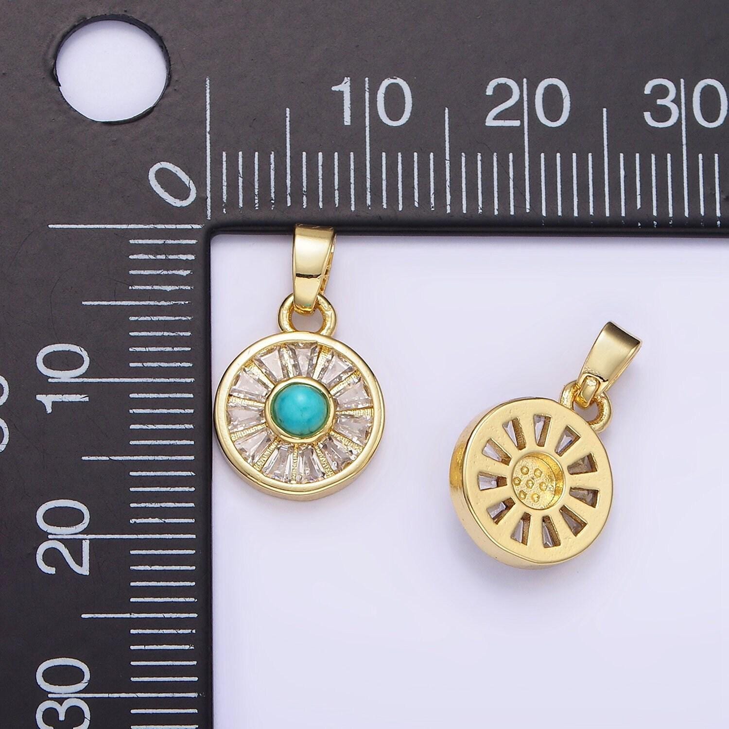 14k gold filled turquoise baguette cz lined round pendant | ah-163