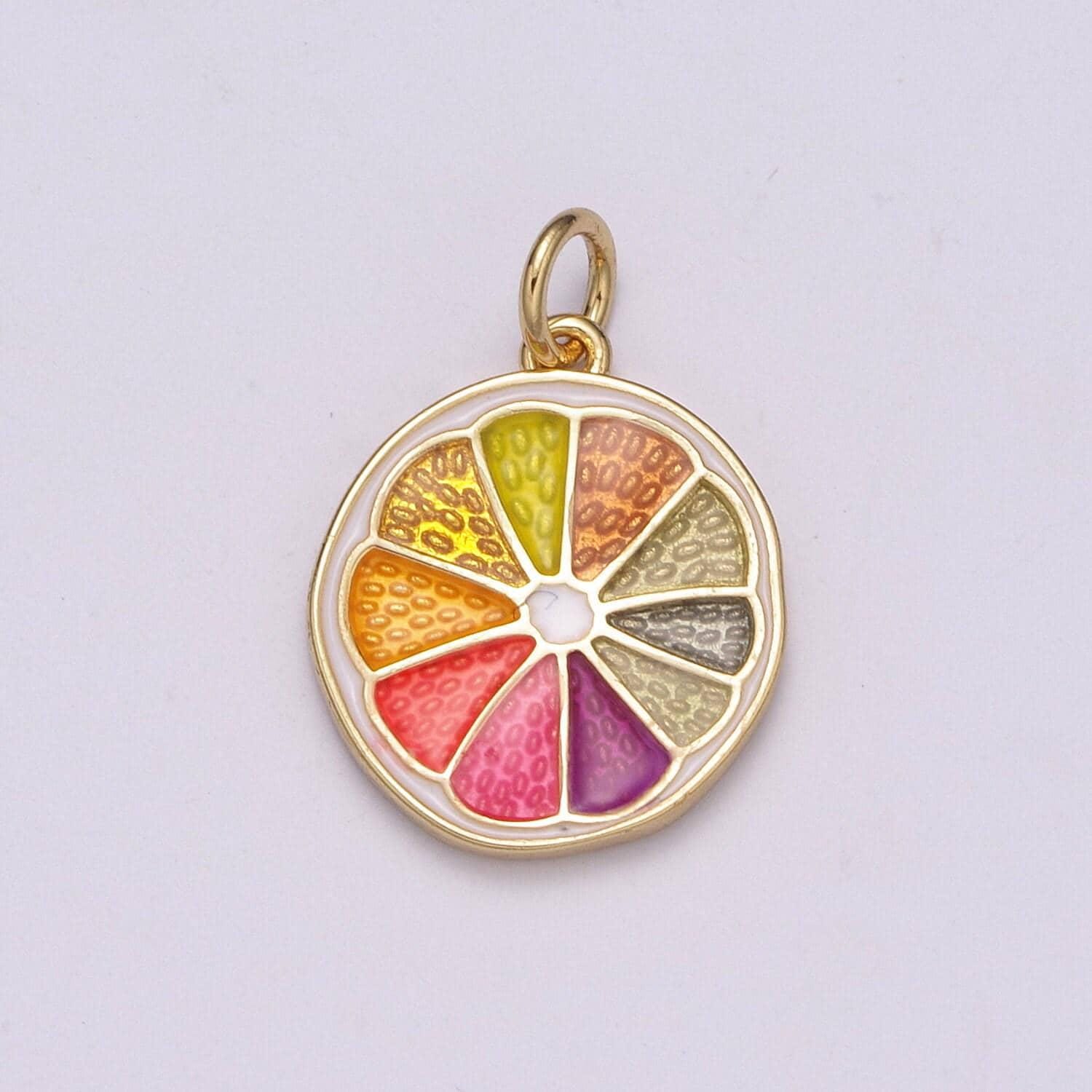 Enamel sliced orange fruit charm lemon sliced charm gold pendant for necklace earring supply component in 24k gold filled, m-818 - m-820