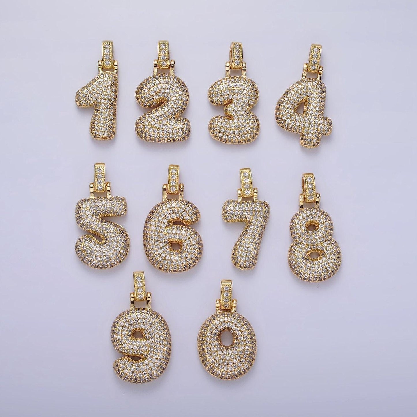 Chunky balloon number necklace charm bubble pave number pendant 3d gold digit charm personalize lucky number bubble necklace supply aa1321