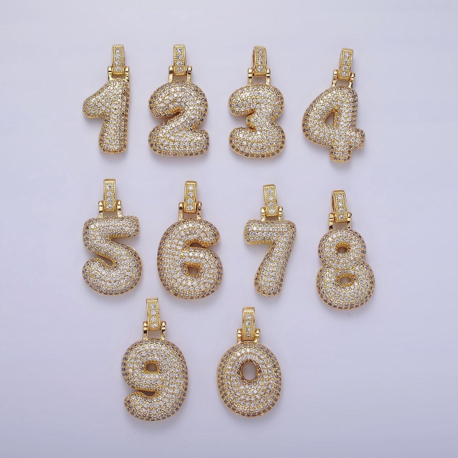 Chunky balloon number necklace charm bubble pave number pendant 3d gold digit charm personalize lucky number bubble necklace supply aa1321