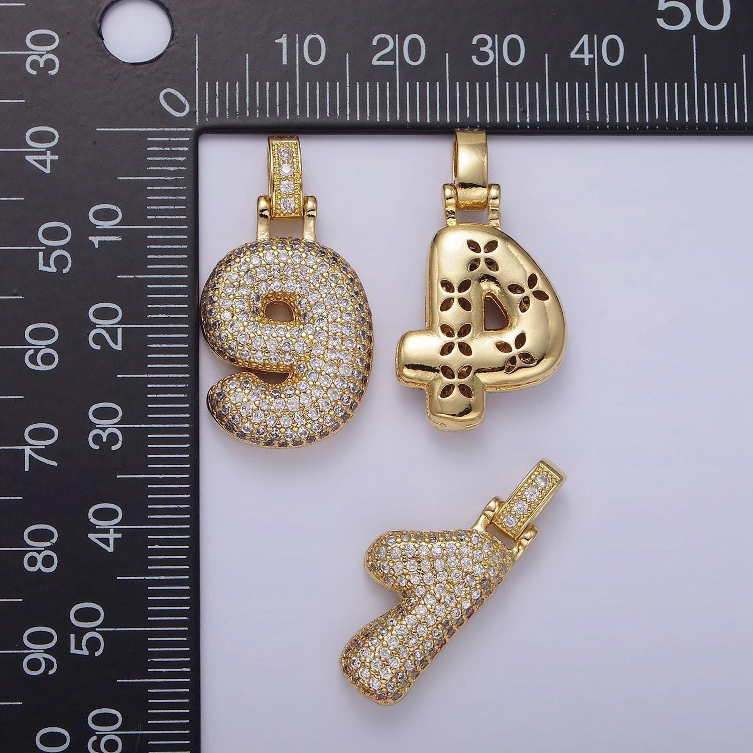 Chunky balloon number necklace charm bubble pave number pendant 3d gold digit charm personalize lucky number bubble necklace supply aa1321