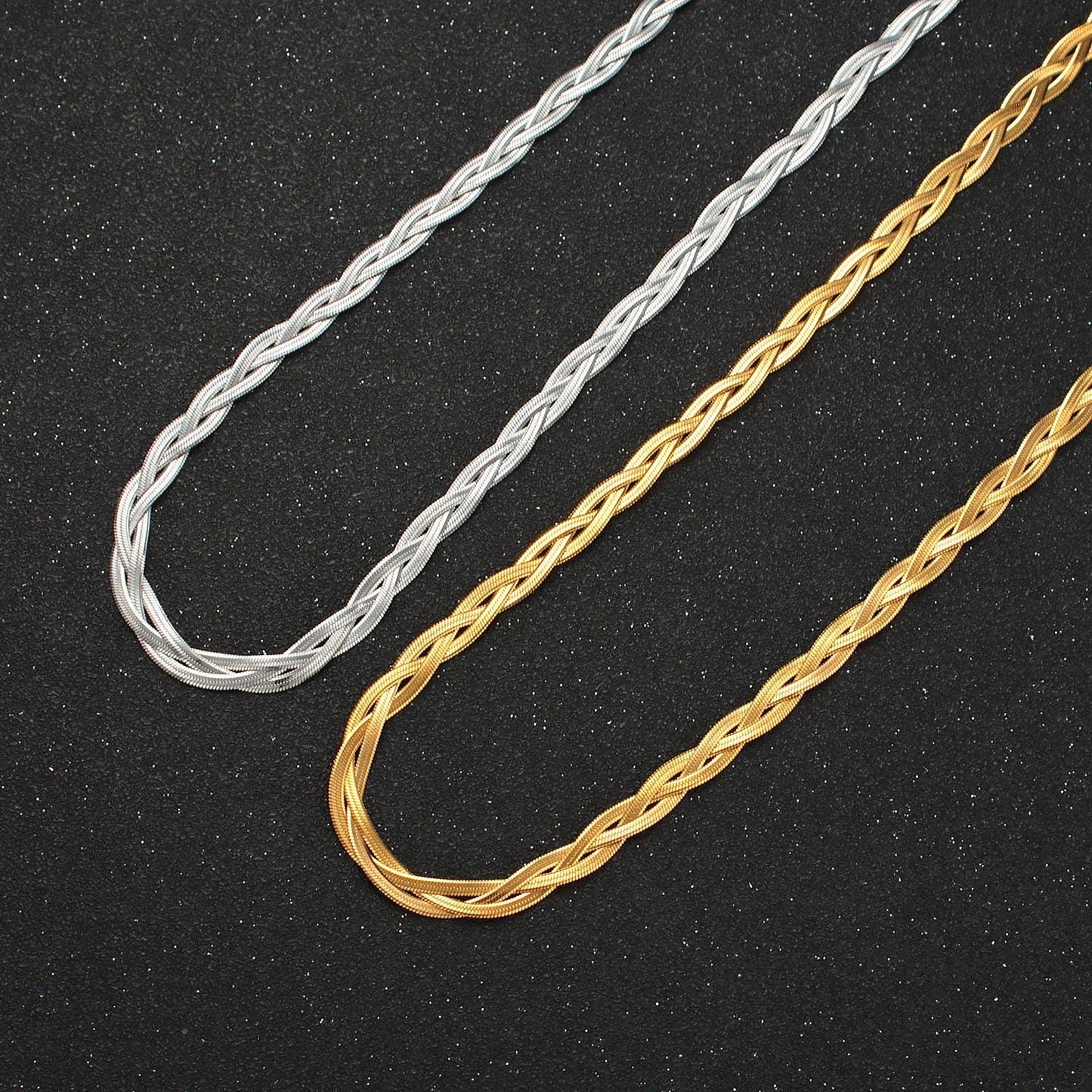 18 inch braided herringbone chain stainless steel necklace in gold & silver | wa-2616 wa-2617
