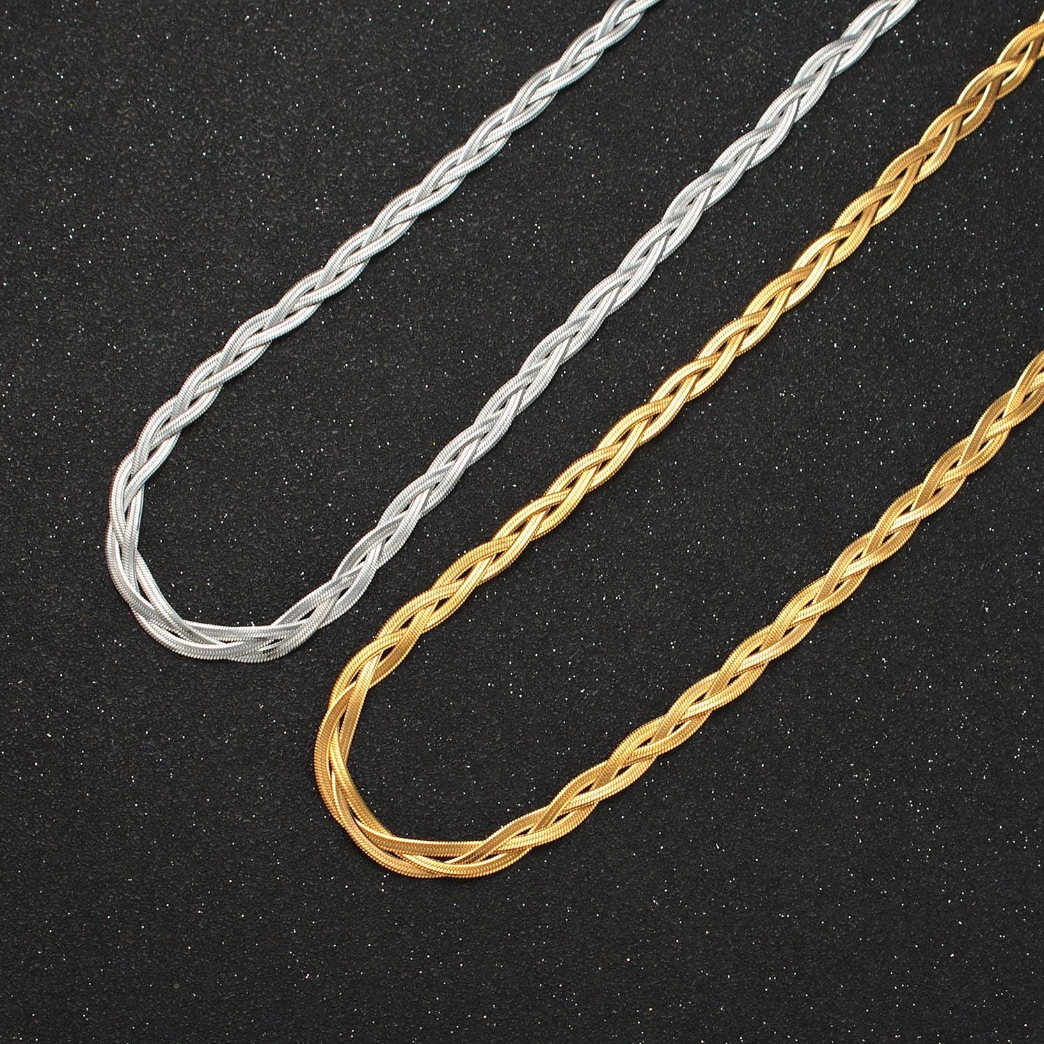 18 inch braided herringbone chain stainless steel necklace in gold & silver | wa-2616 wa-2617