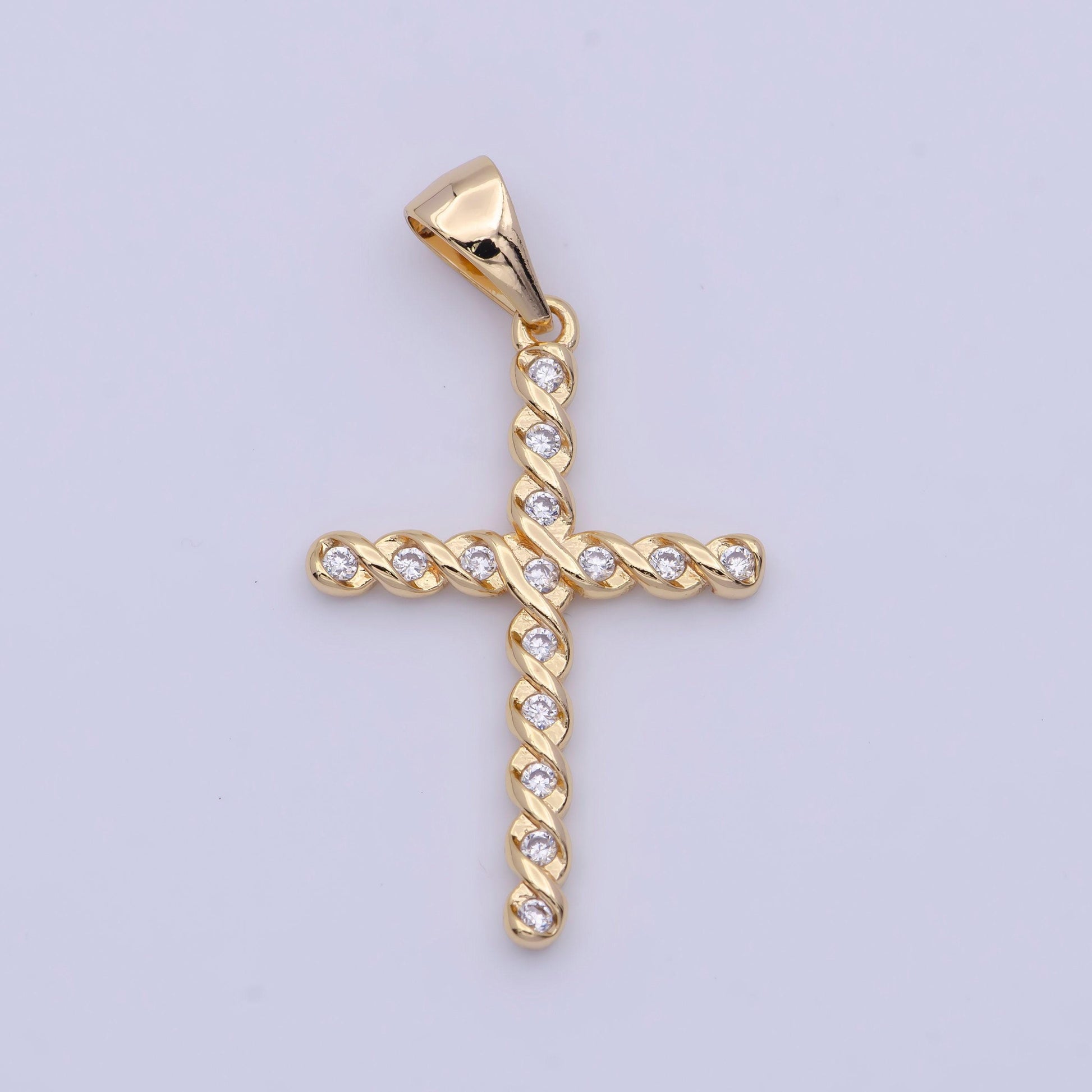 Twisted cz gold cross pendant, 24k gold plated baguette braided twist micro paved clear cz cross religious charm | x-498